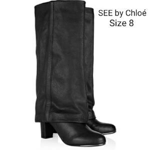 Chloe Cuffed Black Leather Boots Size 8